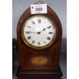 AN EDWARDIAN MAHOGANY AND INLAID LANCET TOP MANTEL CLOCK