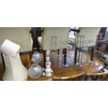 TWO ONYX TABLE LAMPS, A BRASS TABLE LAMP WIT GLOBULAR GLASS SHADE, A LARGER GLOBULAR GLASS SHADE,
