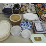 THREE VARIOUS MEAT PLATES, MYOTT SERVING DISHES, VASES ETC...