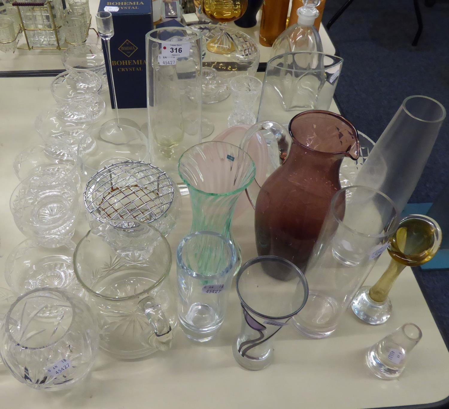 A QUANTITY OF CUT GLASS WARES TO INCLUDE; BOWLS, VASES, DECANTER, BOHEMIA CRYSTAL DESSERT DISHES