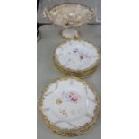 VICTORTIAN DESSERT PLATES, GILT WITH FLOWERED CENTRE AND SERVING PEDESTAL BOWL (13)