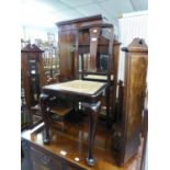 MAHOGANY BEDROOM SINGLE CHAIR WITH CANE SEAT, A WHITE LLOYD LOOM LINEN RECEIVER AND A STOOL (3)