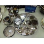ELECTROPLATE GALLERY TRAY, QUANTITY OF ELECTROPLATE CUTLERY, SUGAR CASTER, JUG AND OTHER