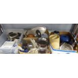 QUANTITY OF KITCHENALIA, STAINLESS STEEL, BREAD BIN, WALL CLOCK, CUTLERY ETC (4 BOXES)