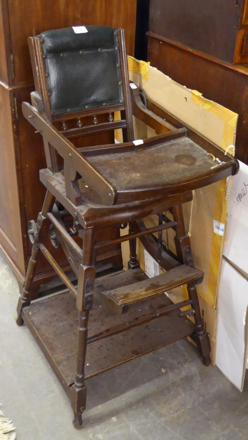 LATE VICTORIAN METAMORPHIC HIGHCHAIR WITH CAST METAL WHEELS - Image 2 of 2