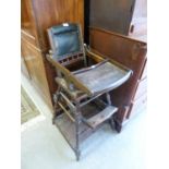 LATE VICTORIAN METAMORPHIC HIGHCHAIR WITH CAST METAL WHEELS