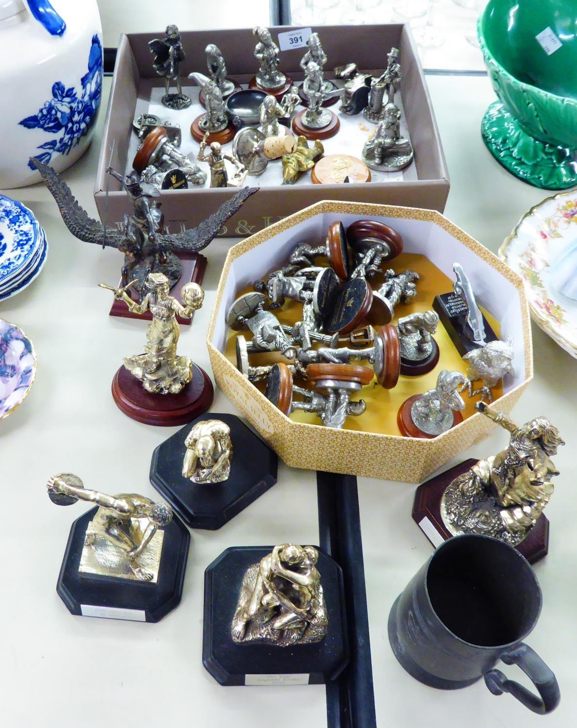 APPROXIMATELY 38 ITEMS OF MODERN COLD-CAST RESIN "ENGLISH MINIATURES" FIGURINES, A PLATED WINE