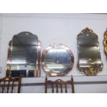 TWO CLEAR AND PINK TINTED ALL-GLASS WALL MIRRORS, AND A GILT COMPOSITION FRAMED BEVELLED WALL MIRROR