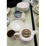 POOLE POTTERY TEA WARES TO INCLUDE TEA POT, JUG, PLATES, BOWLS (32 PIECES) AND FOUR OTHER ITEMS