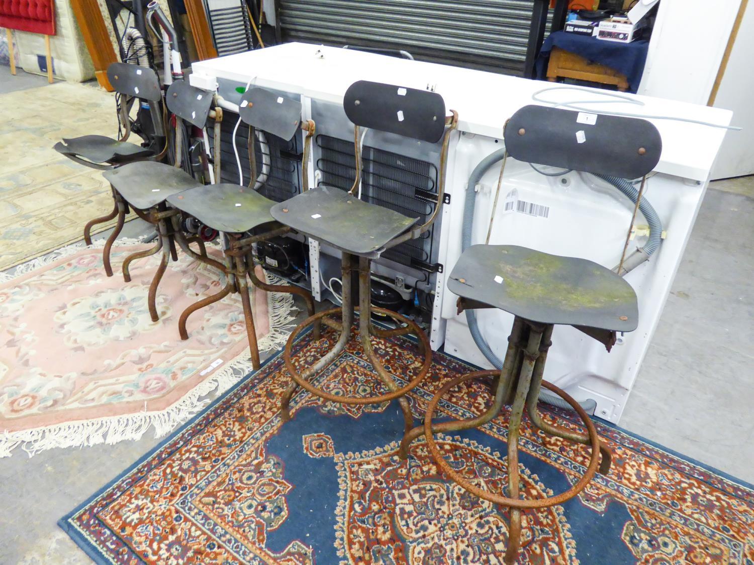 TWO TALL INDUSTRIAL MACHINISTS CHAIRS, ON FOUR SPUR BASE AND WITH RUBBER SEATS (AS FOUND) AND