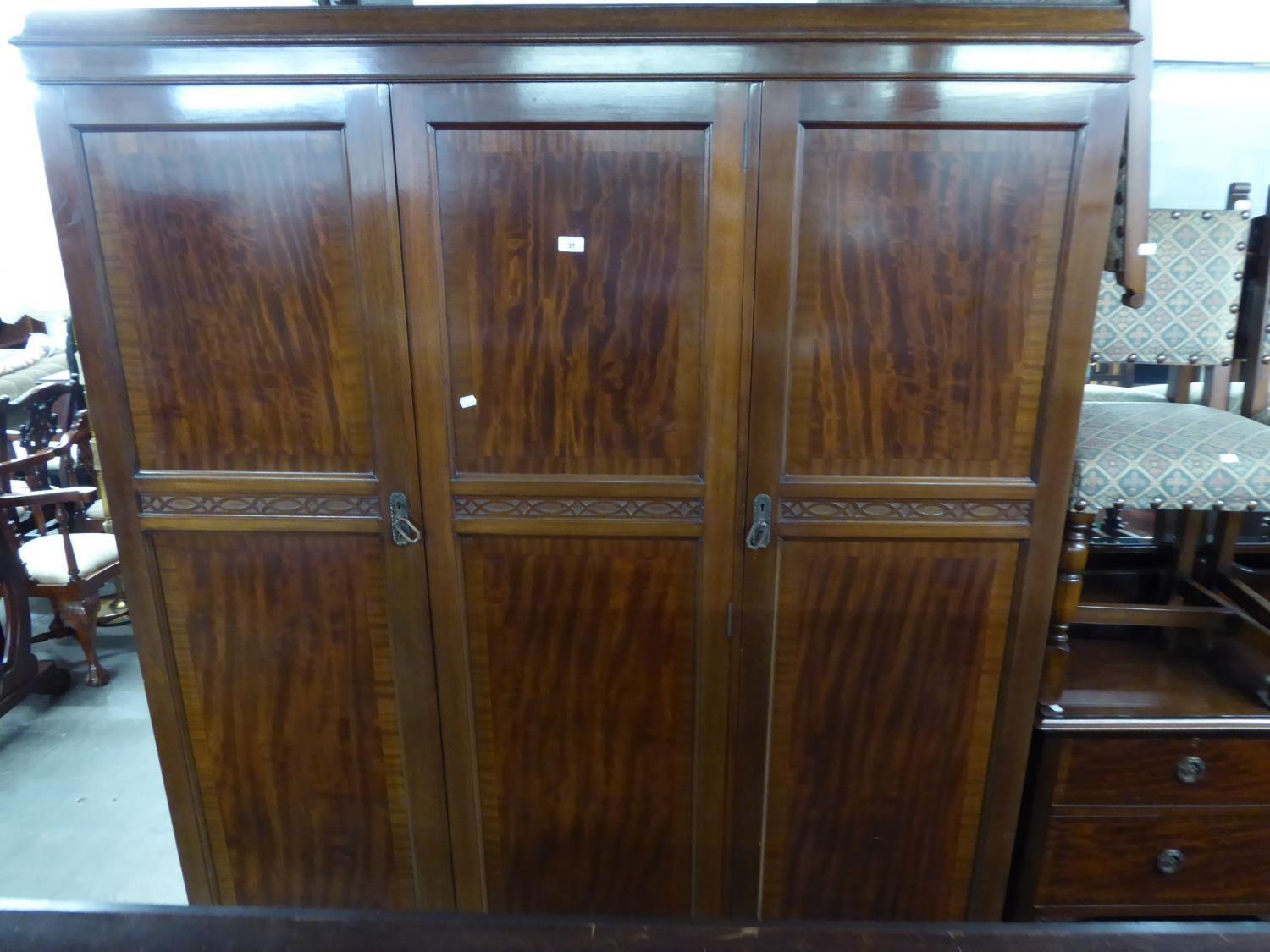 BLIND FRET CARVED MAHOGANY BEDROOM SUITE OF THREE PIECES, VIZ A THREE DOOR WARDROBE, 5' 3" WIDE, A - Image 2 of 5