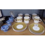 A SET OF SIX KEYSTONE 'SUSIE COOPER' DESIGN COFFEE CUPS AND SAUCERS, THREE PIECES OF WEDGWOOD PALE