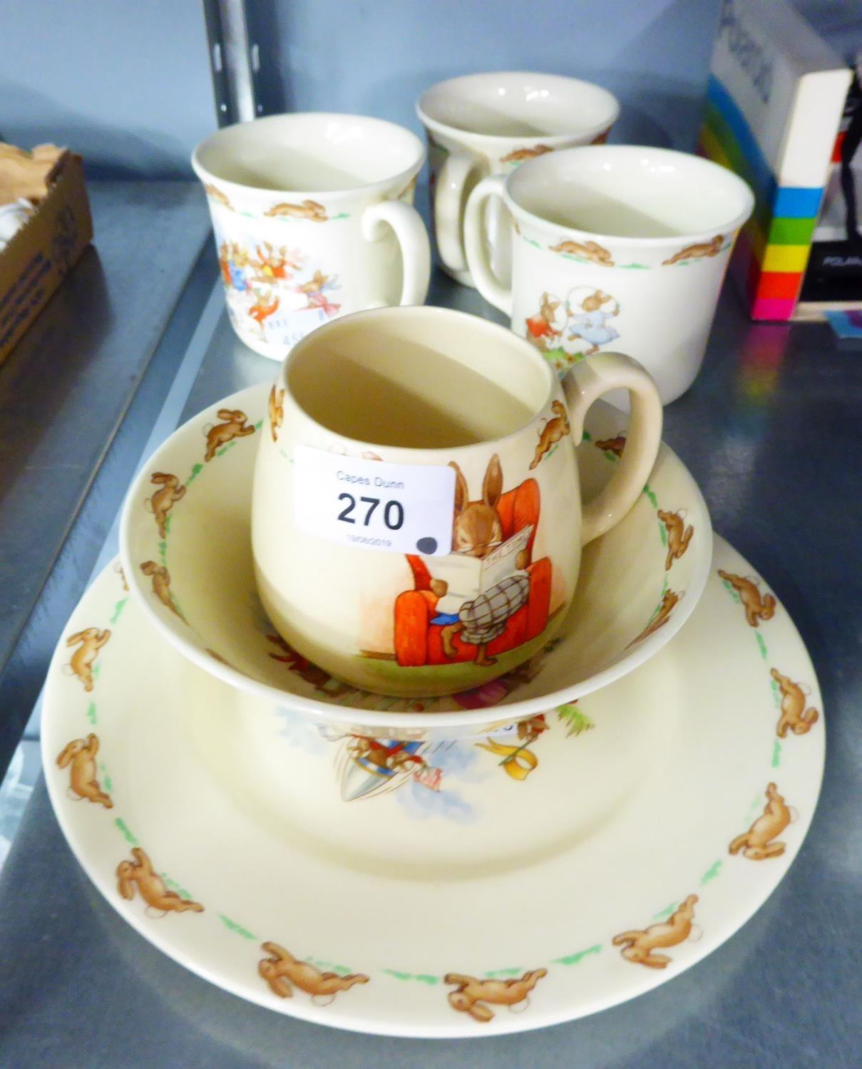 A SUITE OF ROYAL DOULTON BUNNYKINS, PLATE, BOWL AND FOUR MUGS