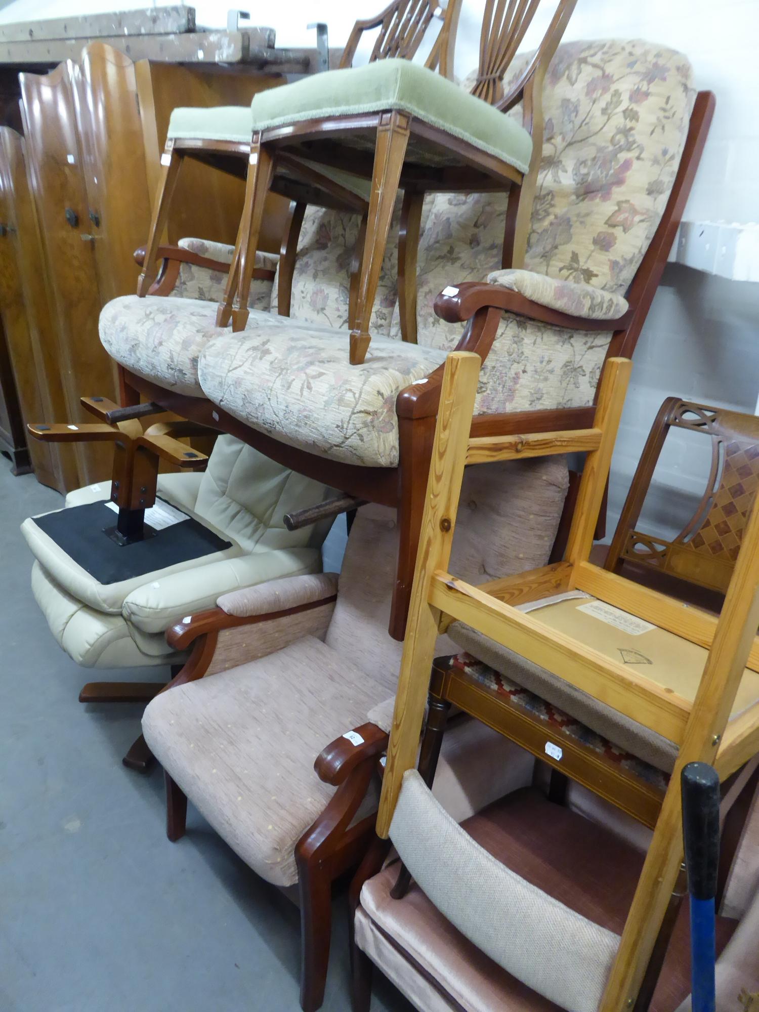 A TWO SEATER SETTEE, TWO ARMCHAIRS AND A PINE KITCHEN CHAIR (4)