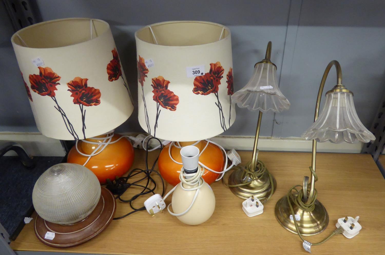 PAIR OF LAMPS WITH ORANGE CERAMIC BASES WITH SHADES, TWO BRASS TOUCH CONTROL LAMPS WITH GLASS SHADES