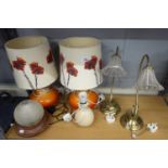 PAIR OF LAMPS WITH ORANGE CERAMIC BASES WITH SHADES, TWO BRASS TOUCH CONTROL LAMPS WITH GLASS SHADES