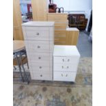 MODERN LIGHT WOOD TALL, NARROW CHEST OF FIVE DRAWERS AND A CREAM FINISH BEDSIDE CHEST OF THREE
