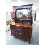 EDWARDIAN MAHOGANY MIRROR BACK SIDEBOARD HAVING CARVED DETAILS AND ORIGINAL HANDLES