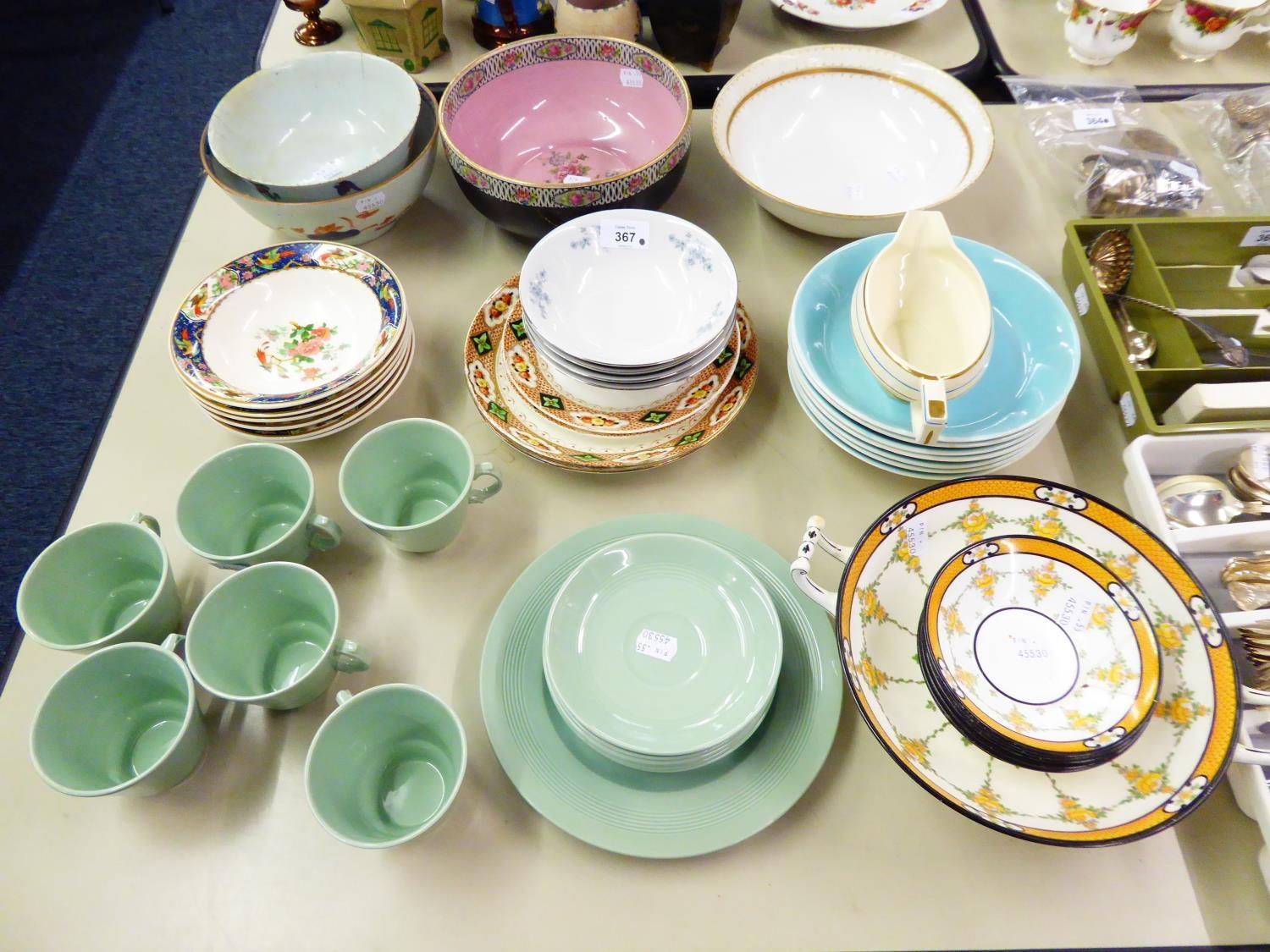 SIX W H GRINDLEY BOWLS HAVING BLUE BORDER AND BIRD DESIGN, MINTONS TWO HANDLED BOWL AND SIX