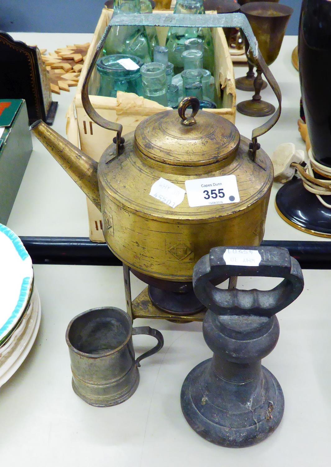 SESSESSIONIST BRASS TEA KETTLE ON SPIRIT BURNER STAND, A LARGE BELL WEIGHT AND PEWTER MEASURE