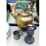 SESSESSIONIST BRASS TEA KETTLE ON SPIRIT BURNER STAND, A LARGE BELL WEIGHT AND PEWTER MEASURE