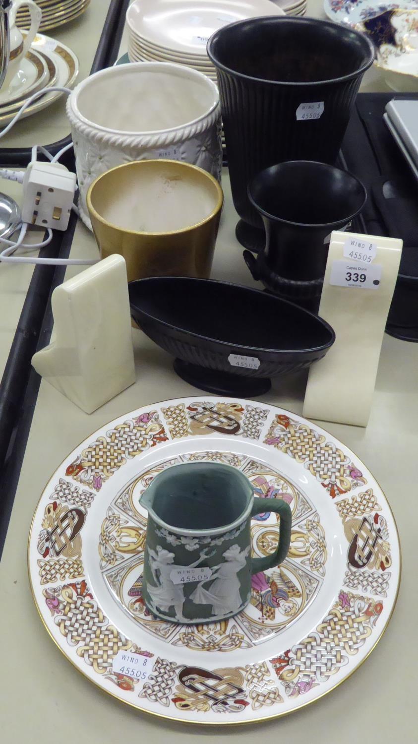 THREE WEDGWOOD BLACK POTTERY VASES, SPODE PLATE, JASPERWARE JUG, TWO MARBLE BOOKENDS AND TWO VASES