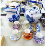 LARGE BLUE AND WHITE POTTERY KETTLE AND JUG, 5 CRICCIETH POTTERY CUPS AND SAUCERS AND 4 BLUE AND