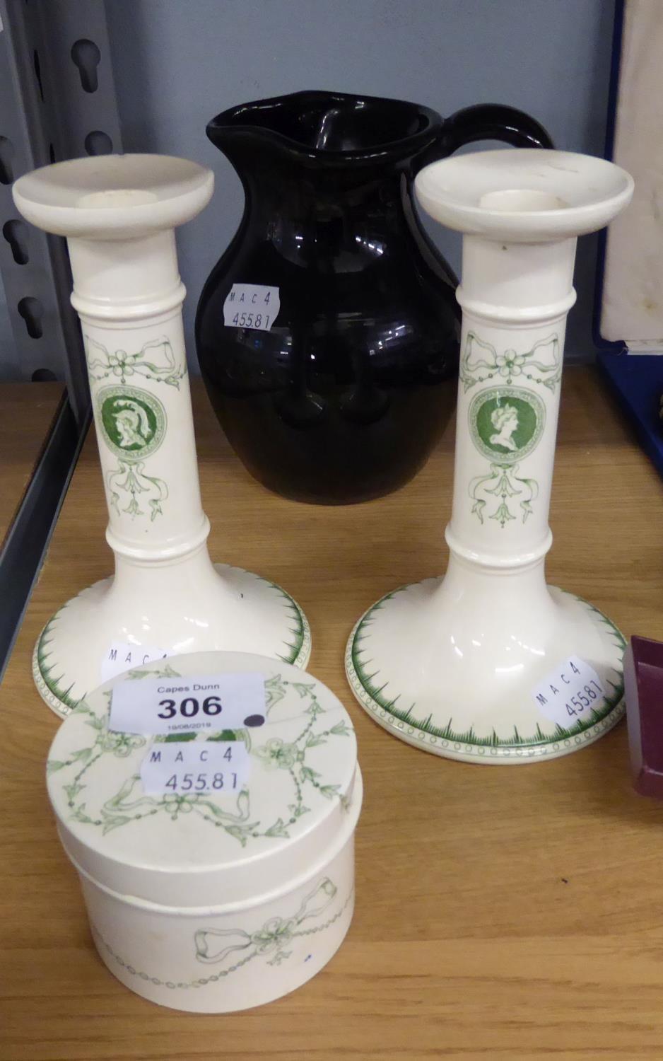 THREE PIECES OF EARLY TWENTIETH CENTURY MINTONS 'CAMEO' PATTERN, TWO CANDLE HOLDERS, SMALL JAR AND