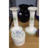 THREE PIECES OF EARLY TWENTIETH CENTURY MINTONS 'CAMEO' PATTERN, TWO CANDLE HOLDERS, SMALL JAR AND