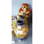 A PAIR OF JAPANESE SATSUMA PORCELAIN VASES AND ANOTHER AND A LARGE JAPANESE POTTERY VASE AND