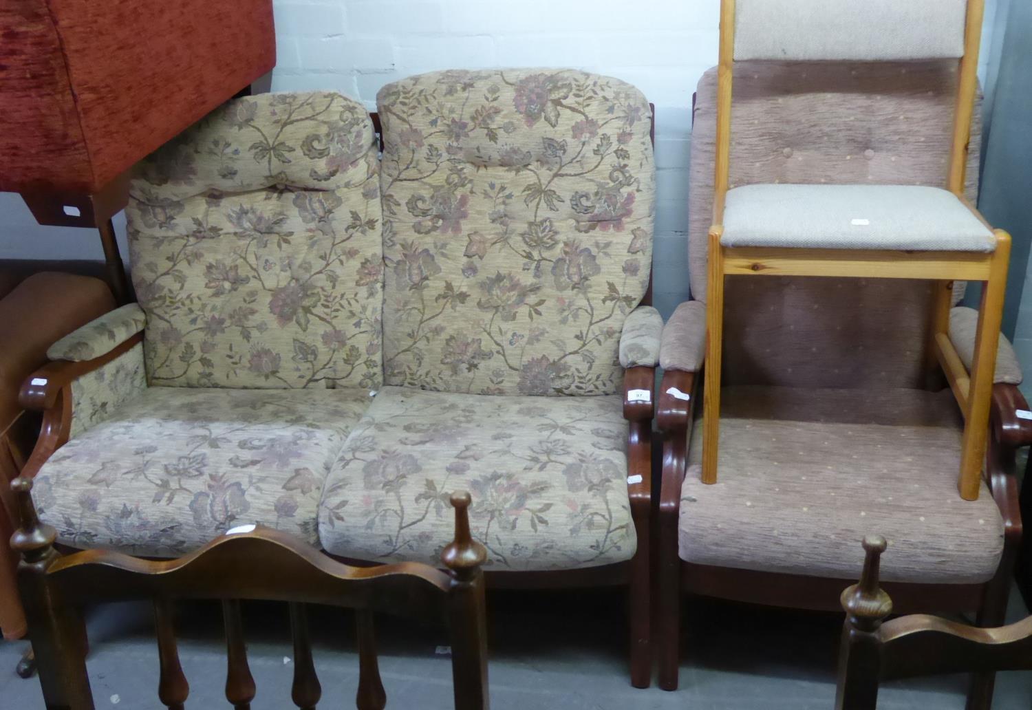 A TWO SEATER SETTEE, TWO ARMCHAIRS AND A PINE KITCHEN CHAIR (4) - Image 2 of 2