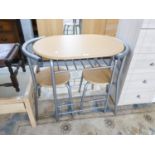 MODERN SMALL KITCHEN TABLE WITH WOODEN TOP AND GREY METAL UNDERFRAME AND TWO SINGLE CHAIRS ENSUITE