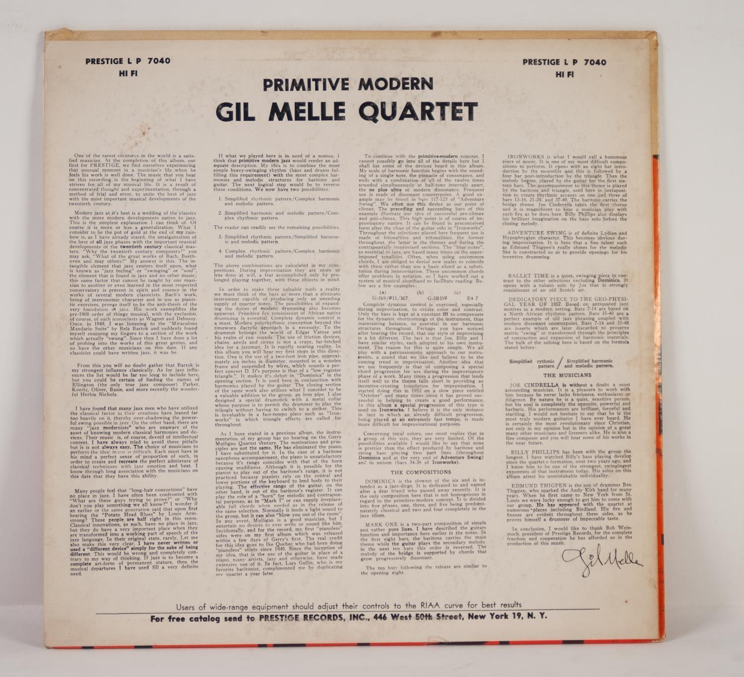 JAZZ, VINYL RECORDS- M IS FOR GIL MELLE-PLAYS PRIMITIVE MODERN, Prestige (LP 7040). Original US, - Image 2 of 4