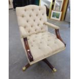 *BEVAN FUNNELL GEORGE III STYLE MAHOGANY REVOLVING AND TILTING DESK ARMCHAIR, THE YOKE TOPPED BUTTON