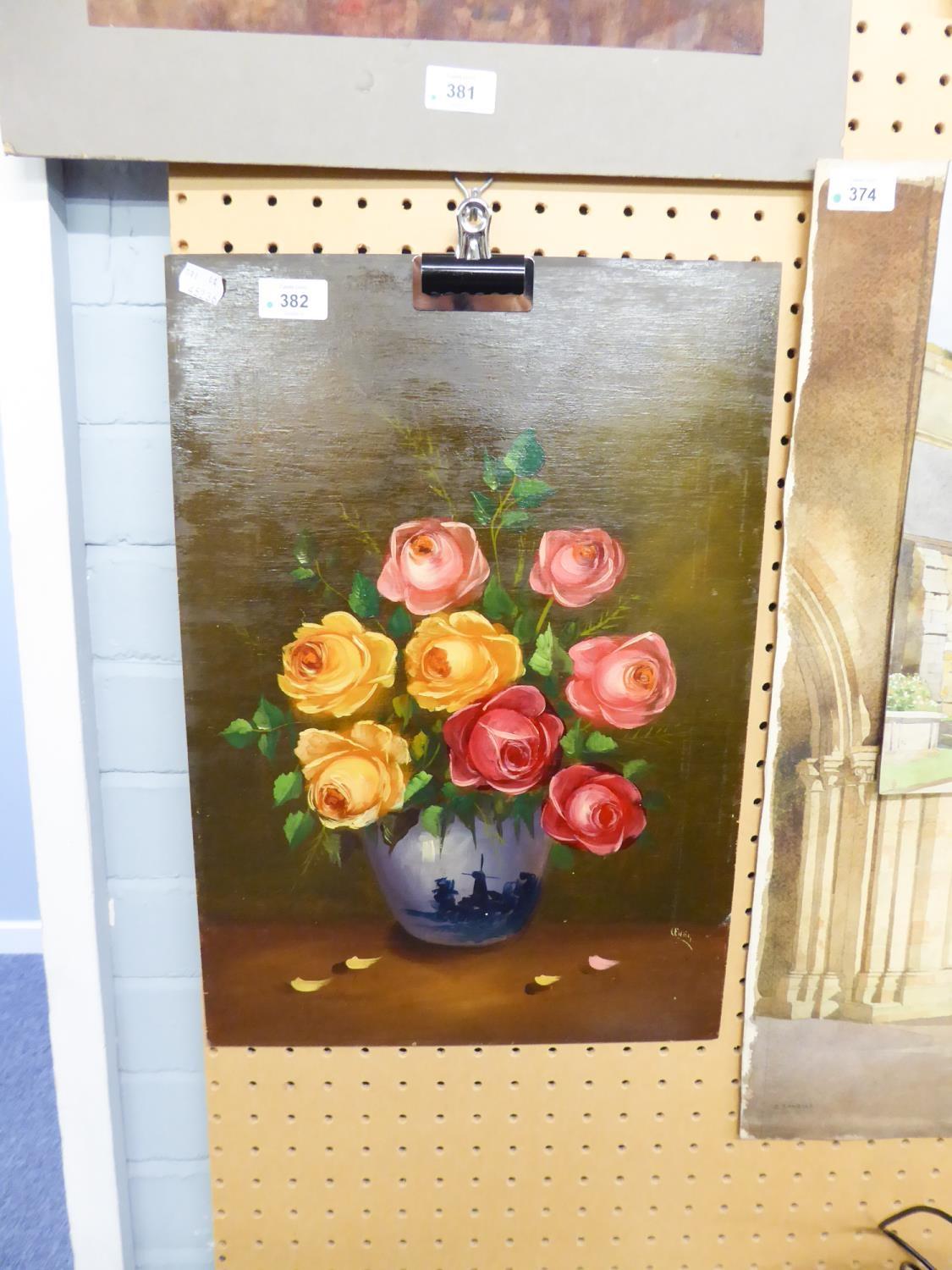 UNATTRIBUTED (TWENTIETH CENTURY) OIL PAINTING ON MANUFACTURED BOARD Still life- roses in a Delft