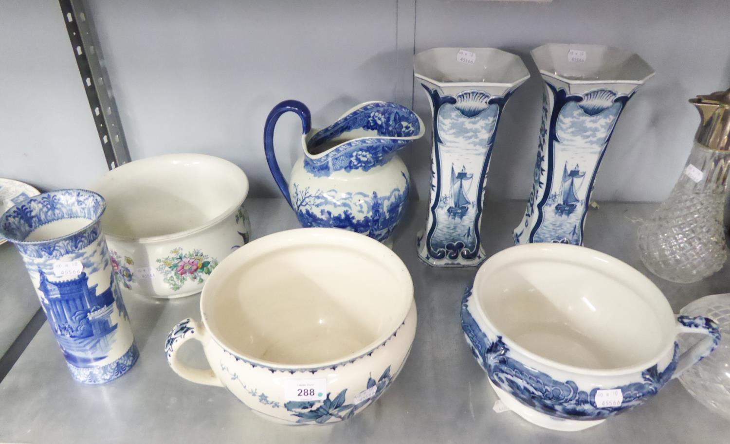 PAIR OF MODERN DELFT BLUE AND WHITE OCTAGONAL VASES AND THREE CHAMBER POTS, IRONSTONE VICTORIA