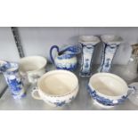 PAIR OF MODERN DELFT BLUE AND WHITE OCTAGONAL VASES AND THREE CHAMBER POTS, IRONSTONE VICTORIA