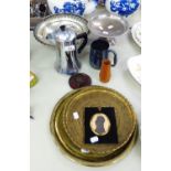 ELECTROPLATE SWING HANDLE DISH WITH EMBOSSED DECORATION, CAKE STAND, TIN, BRASS CIRCULAR TRAYS,