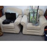 A PAIR OF GOOD QUALITY PADDED ARMCHAIRS, IN CREAM PATTERNED CHENILLE FABRIC (2)