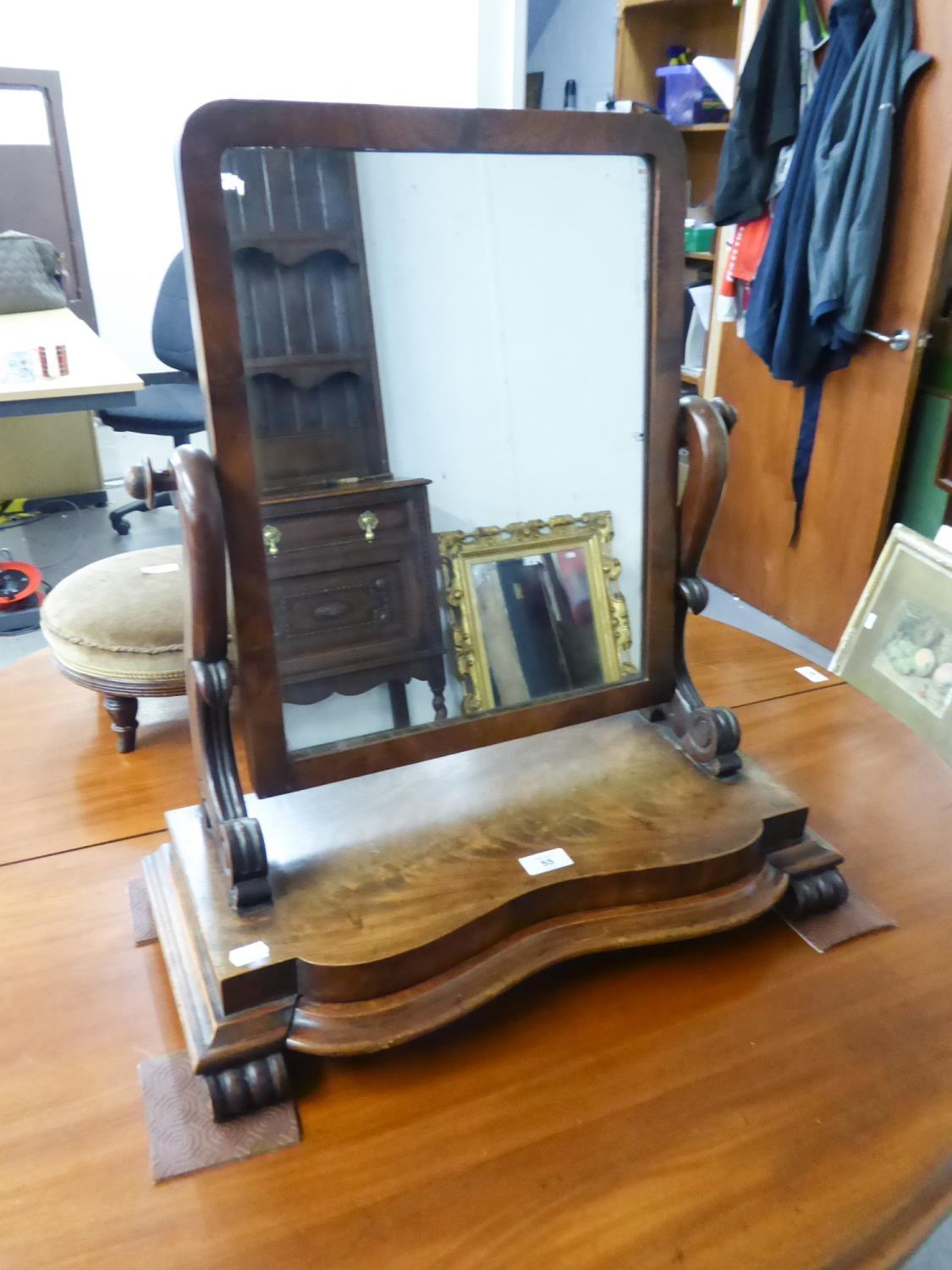 AN ANTIQUE TABLE TOP DRESSING TABLE MIRROR WITH SMALL DRAWER BELOW
