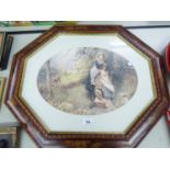 AN OVAL COLOUR PRINT REPRODUCTION, IN OCTAGONAL GILT FRAME, "PICKING PRIMROSES" AND TWO EMBOSSED