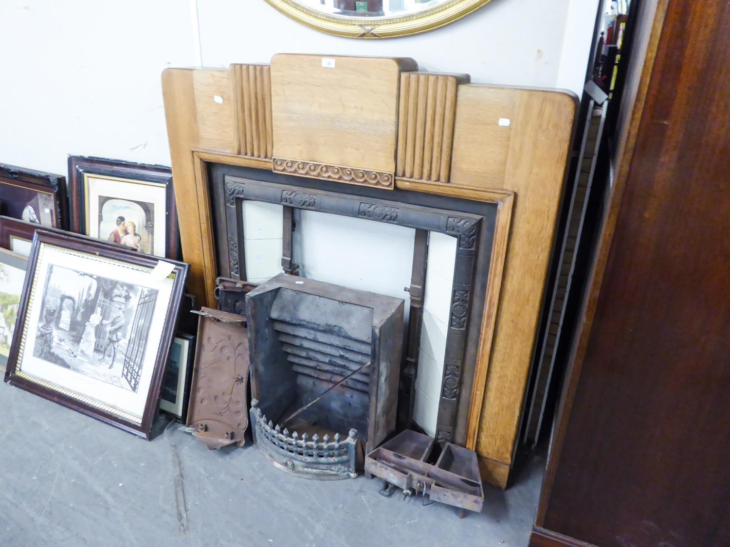 ANTIQUE FIREPLACE WITH ART DECO OAK SURROUND AND CAST INSET WITH TILES