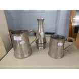 A VICTORIAN PEWTER QUARTZ TANKARD, A PINT TANKARD AND A NORWEGIAN POLISHED PEWTER VASE