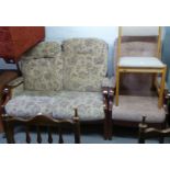 A TWO SEATER SETTEE, TWO ARMCHAIRS AND A PINE KITCHEN CHAIR (4)