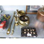 THREE BRASS DISHES, PAIR OF CANDLESTICKS, BRASS FINE IMPLEMENTS, A WOODEN BOX IN QUILL INSERTS