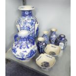 PAIR OF ORIENTAL VASES, LARGE ORIENTAL VASE 19" HIGH, A TWO HANDLE WASE, TWO ORIENTAL BOWLS AND A