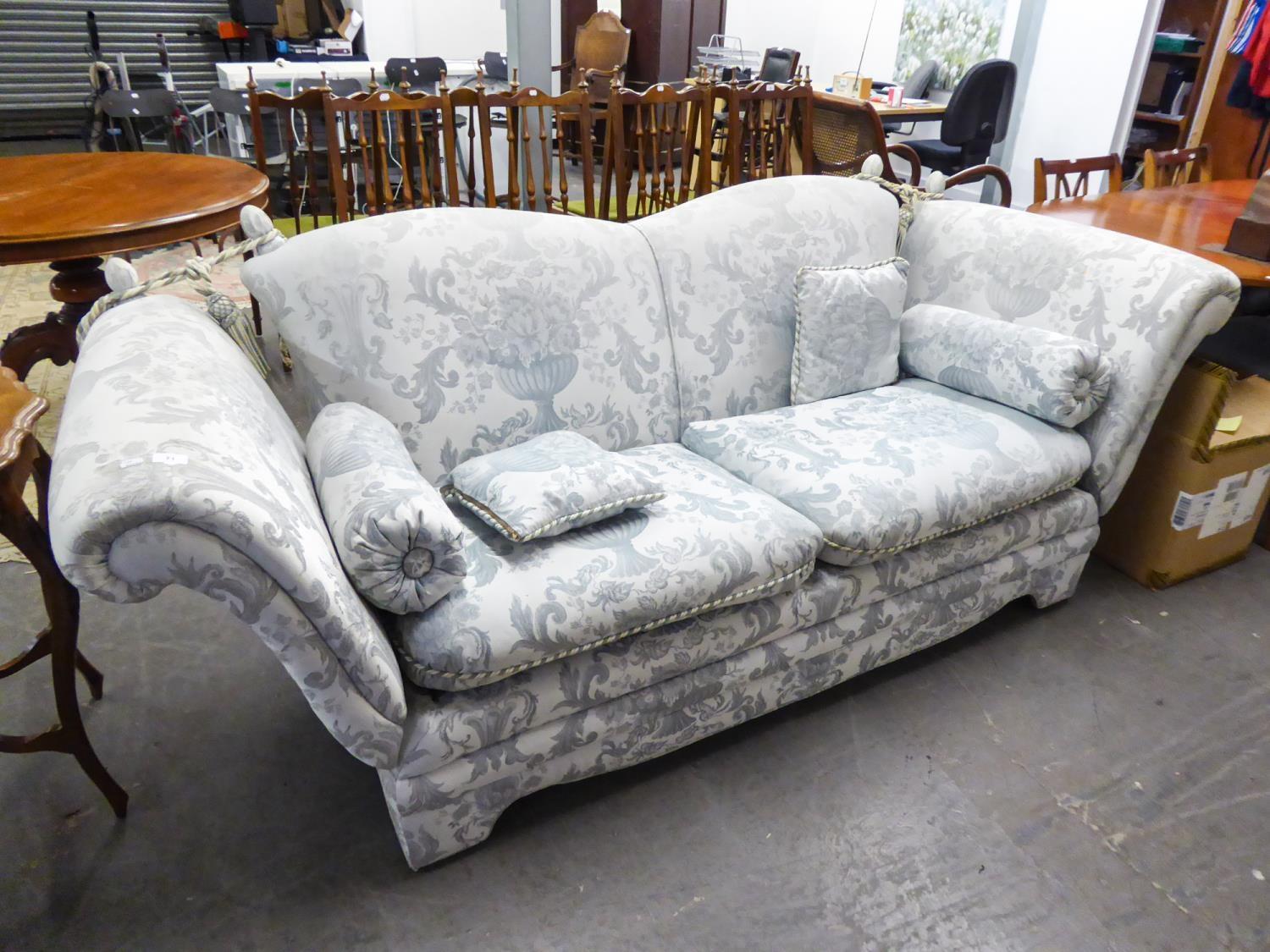 DERWENT KNOLL SETTEE COVERED IN GREY FOLIATE SCROLL DAMASK