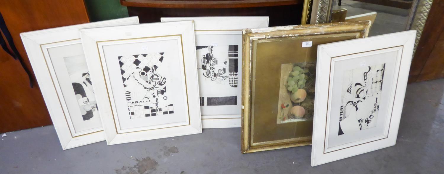 A SET OF FOUR ABSTRACT PEN AND INK DRAWINGS, FRAMED AND GLAZED AND A STILL LIFE PICTURE OF FRUIT (5)