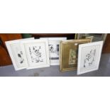 A SET OF FOUR ABSTRACT PEN AND INK DRAWINGS, FRAMED AND GLAZED AND A STILL LIFE PICTURE OF FRUIT (5)
