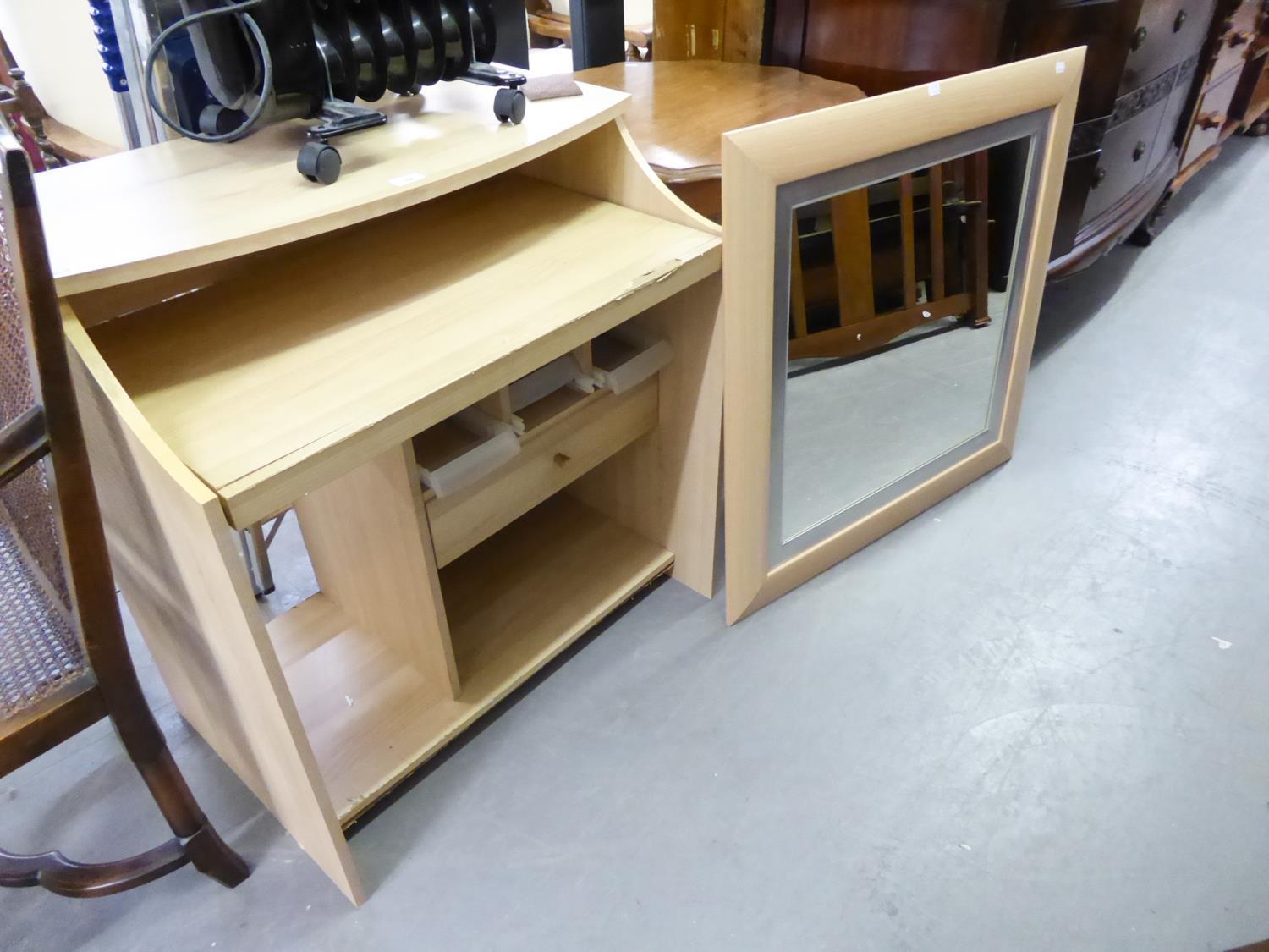 A LIGHT WOOD COMPUTER DESK AND A LARGE MODERN RECTANGULAR WALL MIRROR, IN LIGHT WOOD FRAME (2)